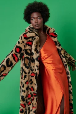 JAYLEY Animal Print Faux Fur Leopard Print Maxi Coat