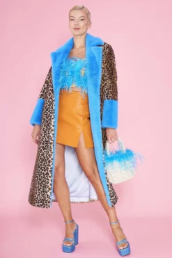 JAYLEY Animal Print Faux Fur Maxi Coat With Clashing Blue Cuffs And Collar