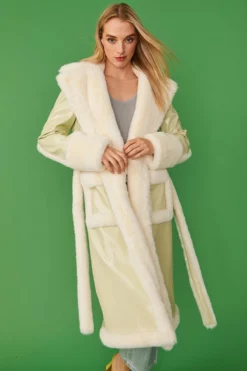 JAYLEY Apple Green Faux Fur And Faux Suede Trench Coat