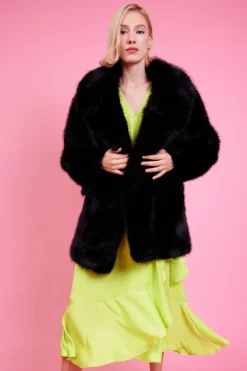 JAYLEY Bamboo Faux Fur Black Midi Coat
