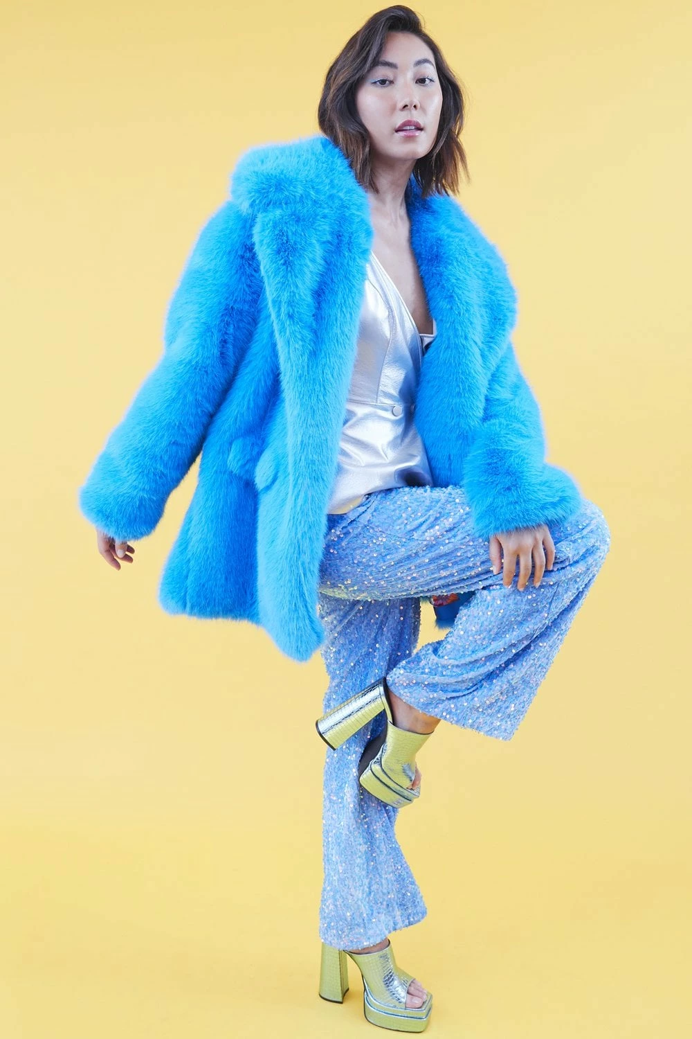 JAYLEY Bamboo Faux Fur Blue Midi Coat