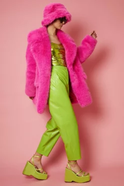 JAYLEY Bamboo Faux Fur Fuchsia Pink Midi Coat