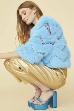JAYLEY Bamboo Sequin Eco Faux Fur Coat In Blue