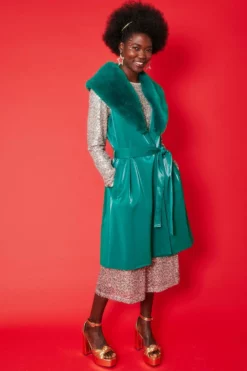 JAYLEY Banana Peel Midi Gilet Faux Fur Collar