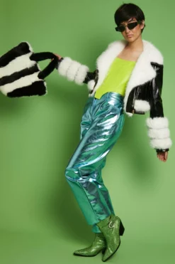 JAYLEY Black And White Faux Leather With Pink Faux Fur Biker Jacket