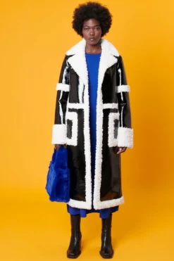 JAYLEY Black And White Midi Aviator Jacket In Faux Leather And Faux Fur