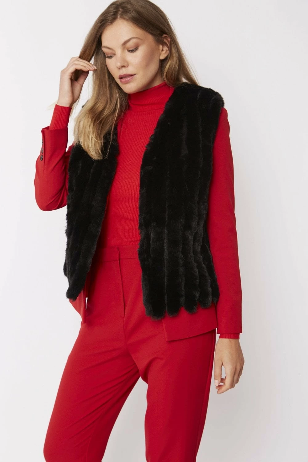 JAYLEY Black Faux Fur Faux Suede Vertical Stripe Gilet - Image 2