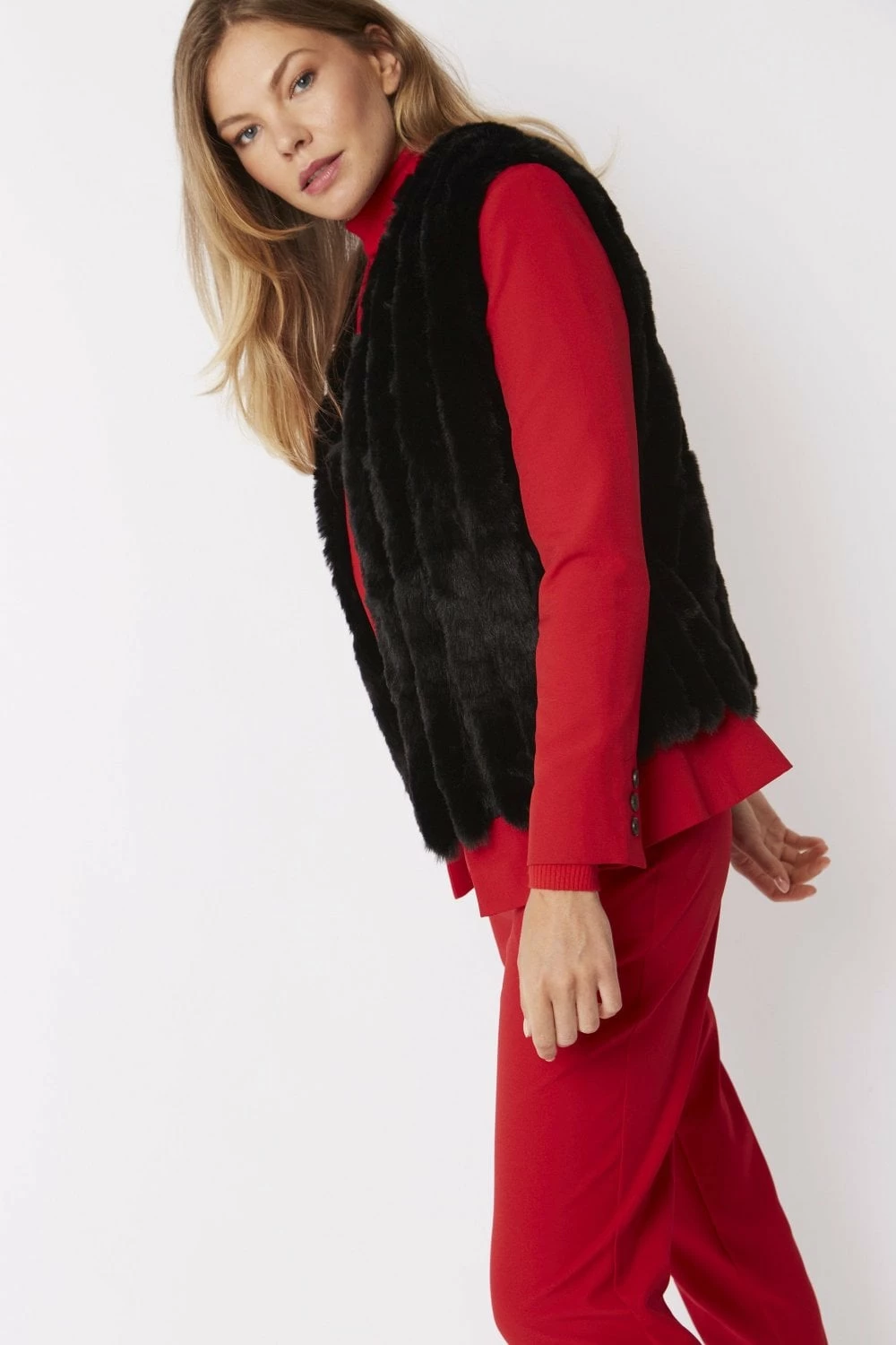 JAYLEY Black Faux Fur Faux Suede Vertical Stripe Gilet - Image 3