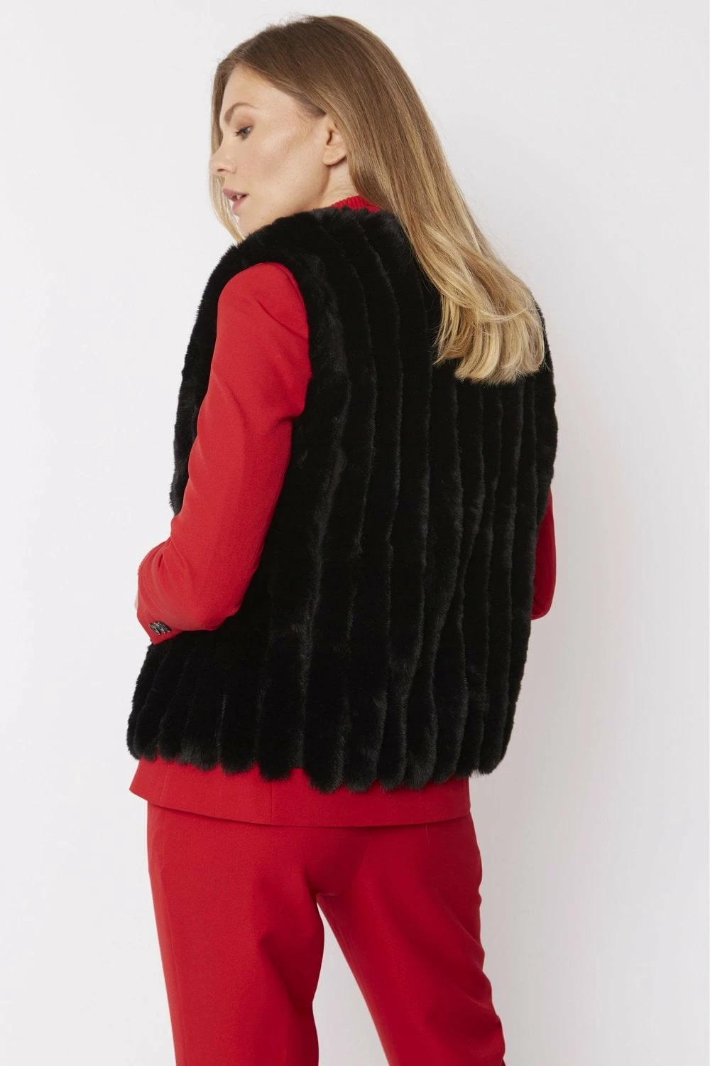 JAYLEY Black Faux Fur Faux Suede Vertical Stripe Gilet - Image 4