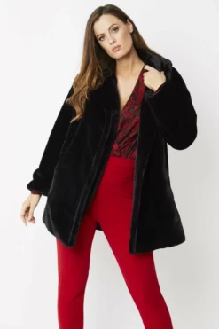 JAYLEY Black Faux Fur Midi Coat