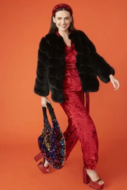 JAYLEY Black Faux Fur Striped Gaga Coat