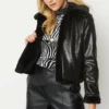JAYLEY Black Faux Suede Check Jacket With Faux Fur Trim