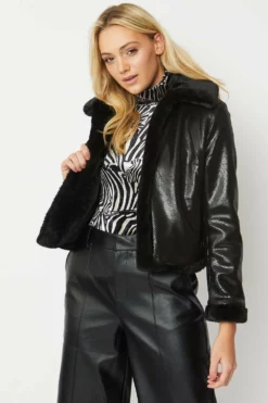 JAYLEY Black Faux Suede Check Jacket With Faux Fur Trim