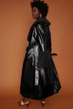 JAYLEY Black Faux Suede Coat With Detachable Faux Shearling Cuffs & Collar