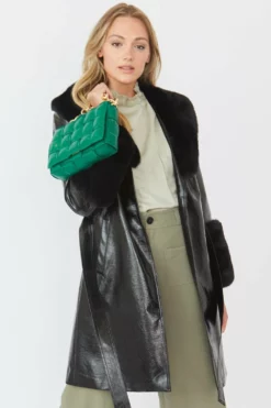 JAYLEY Black Luxury Faux Leather Aubrey Coat With Detachable Faux Fur Cuffs & Collar