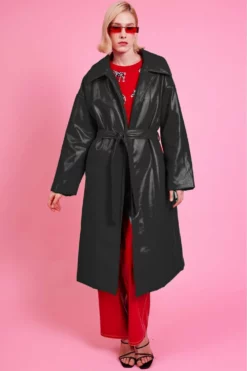 JAYLEY Black Maxi Eco Leather Puffer Coat
