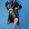JAYLEY Black Multi Coloured Sequin Trench Coat With Removable Faux Fur Collar