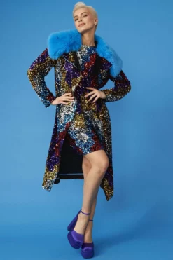 JAYLEY Black Multi Coloured Sequin Trench Coat With Removable Faux Fur Collar