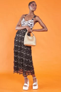 JAYLEY Black Sequin Tassel And Eco Leather Animal Print Maxi Dress