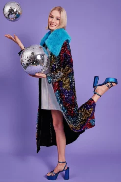 JAYLEY Black Sequin Velvet Trench Coat With Blue Faux Fur Collar