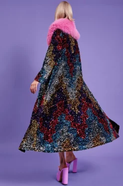 JAYLEY Black Sequin Velvet Trench Coat With Pink Faux Fur Collar