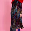 JAYLEY Black Sequin Velvet Trench Coat With Red Faux Fur Collar