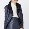 JAYLEY Blue Crocodile Effect Cropped Jacket With Faux Fur Trim