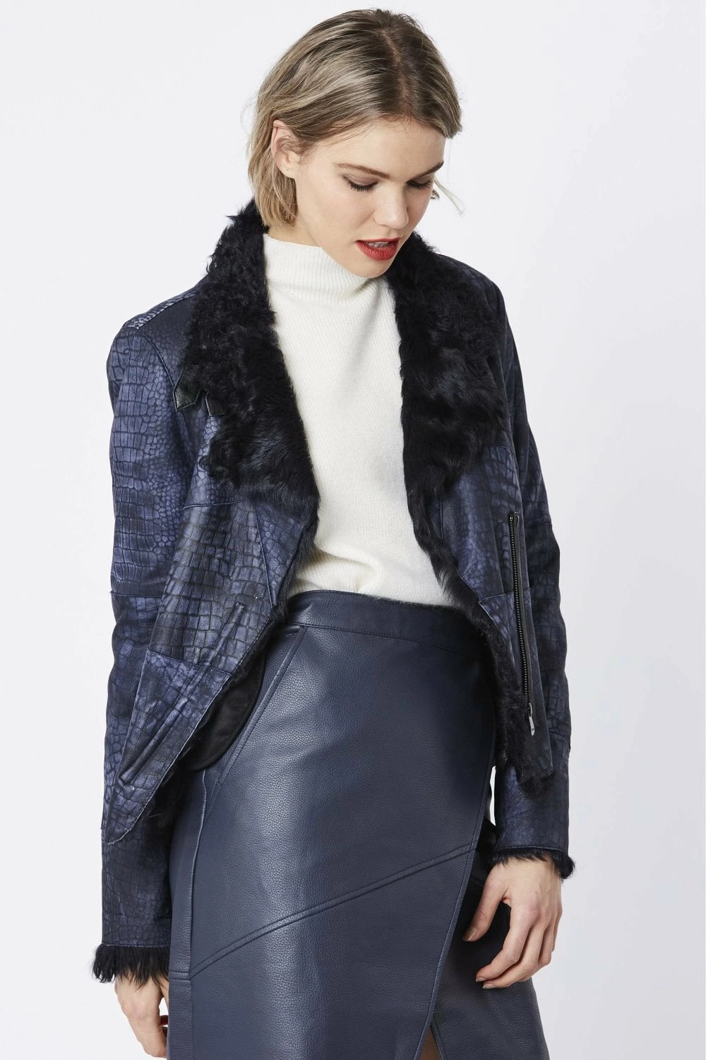 JAYLEY Blue Crocodile Effect Cropped Jacket With Faux Fur Trim