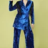 JAYLEY Blue Crushed Velvet Blazer Dress With Sequin Tassels
