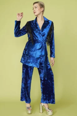 JAYLEY Blue Crushed Velvet Blazer Dress With Sequin Tassels