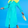 JAYLEY Blue Eco Leather Faux Fur Collar Trench Coat