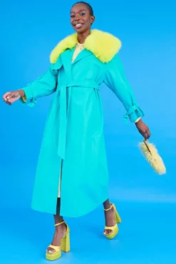 JAYLEY Blue Eco Leather Faux Fur Collar Trench Coat