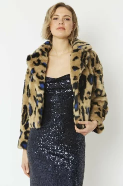 JAYLEY Blue Faux Fur Animal Print Cropped Jacket