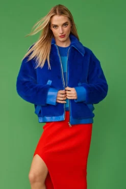 JAYLEY Blue Faux Fur Bomber Jacket