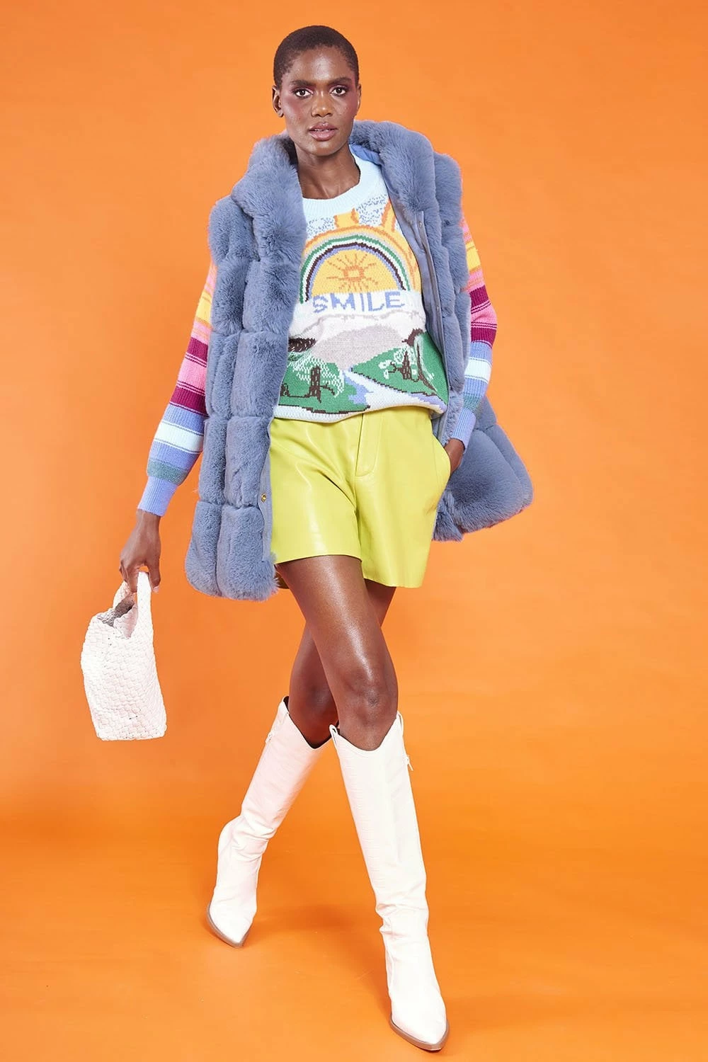 JAYLEY Blue Faux Fur Long Hooded Gilet