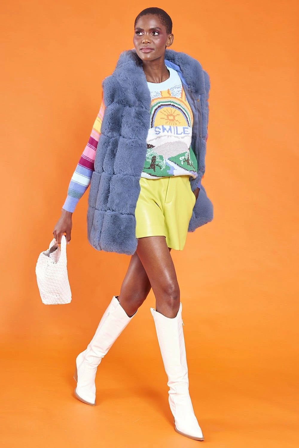 JAYLEY Blue Faux Fur Long Hooded Gilet - Image 2