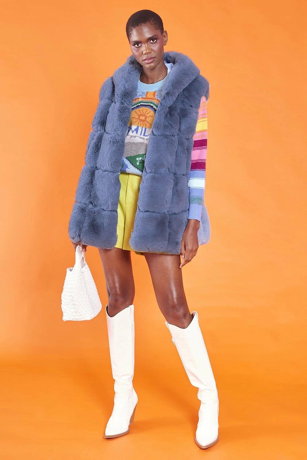 JAYLEY Blue Faux Fur Long Hooded Gilet - Image 3