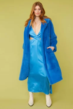 JAYLEY Blue Faux Fur Midi Coat