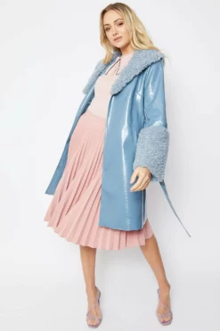 JAYLEY Blue Faux Suede Aurora Coat With Faux Shearling Cuff & Collar