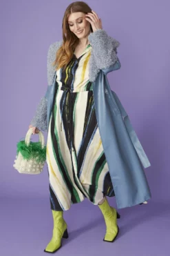 JAYLEY Blue Faux Suede Coat With Detachable Faux Shearling Cuffs & Collar