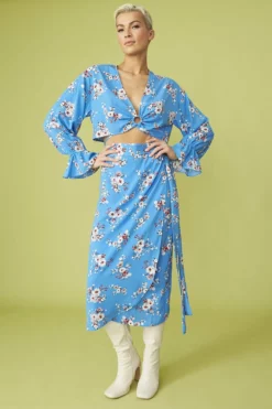 JAYLEY Blue Floral Print Cropped Top Co-ord