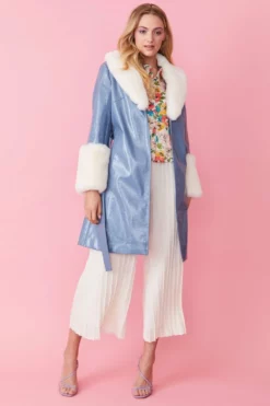 JAYLEY Blue Luxury Faux Leather Aubrey Coat With Detachable Faux Fur Cuffs & Collar