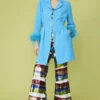 JAYLEY Blue Rayon Blend Feather Trim Midi Coat