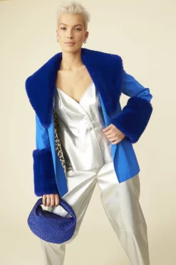 JAYLEY Blue Shorted Belted Coat With Faux Fur Cuffs And Collar