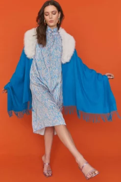 JAYLEY Blue Silk Blend Zebra Print Midi Dress