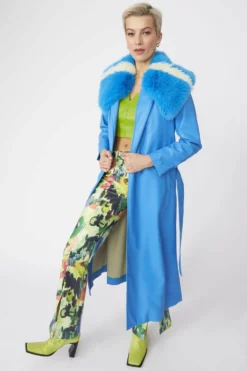 JAYLEY Blue Tencel Blend Eco Leather Trench Coat