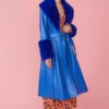 JAYLEY Blue Trench Style Belted Coat With Faux Fur Cuffs And Collar