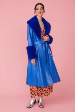 JAYLEY Blue Trench Style Belted Coat With Faux Fur Cuffs And Collar
