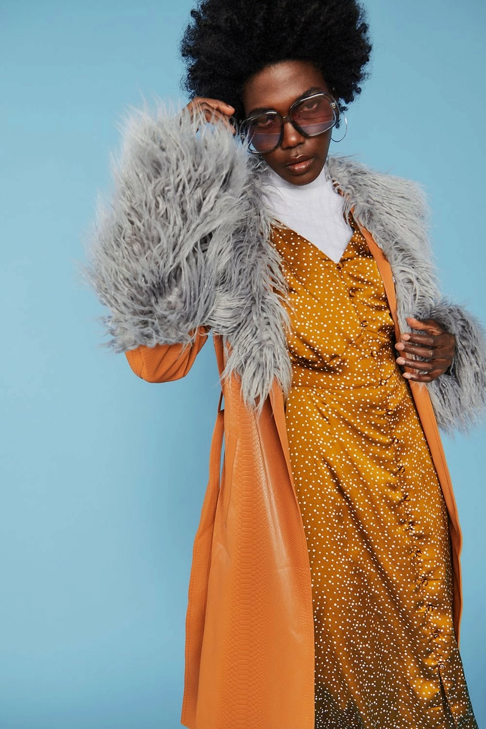 JAYLEY Brown And Grey Mongolian Fur And Faux Suede Coat