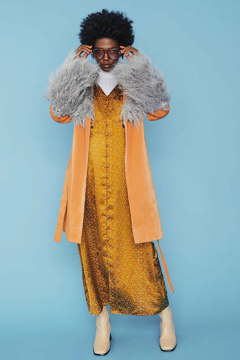 JAYLEY Brown And Grey Mongolian Fur And Faux Suede Coat - Image 2